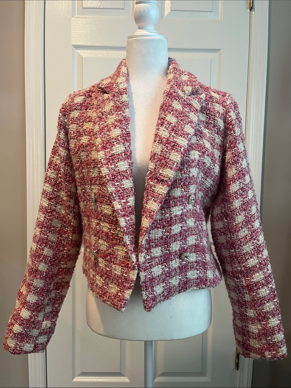 Aqua Pink and Cream Tweed Blazer Jacket